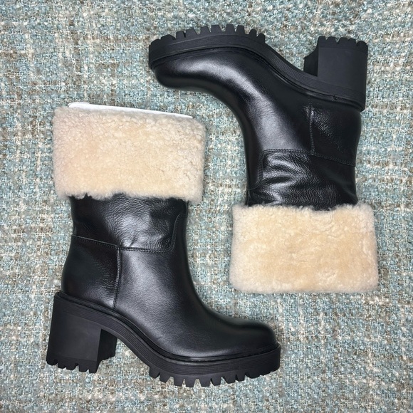 NWOB - Marc Fisher LTD Willoe Shearling Cuff Heeled Boots in Black Leather - Picture 7 of 9
